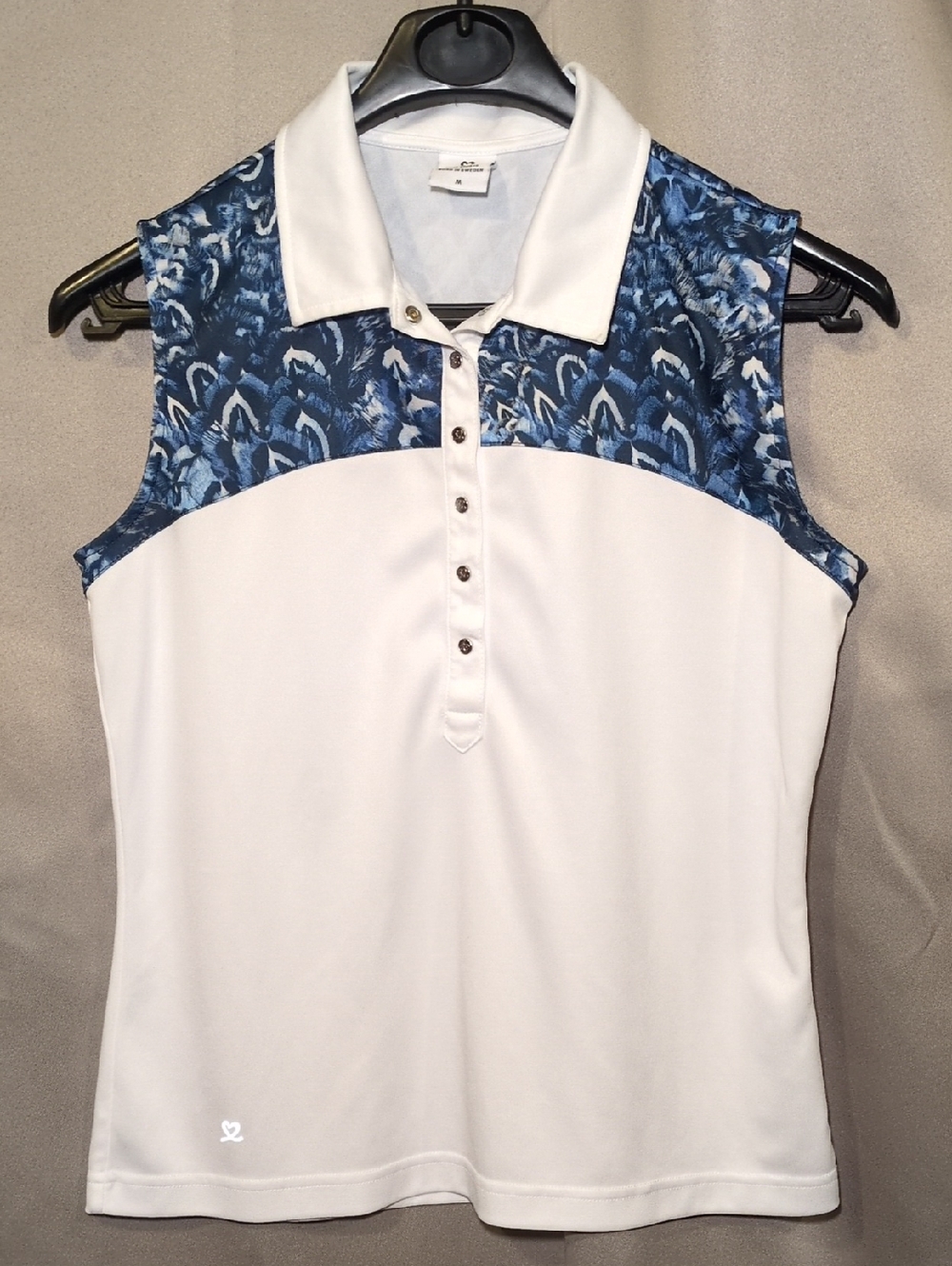 Sleeveless Golf Polo - White with Blue Patterned Yoke
